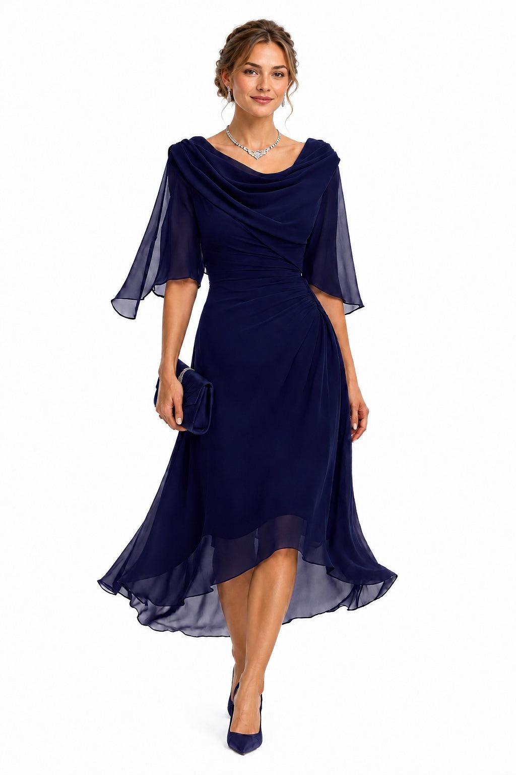 Sheath-Column High-Low Chiffon Wedding Guest Dress CG0378 - Dark Navy - COCOMELODY